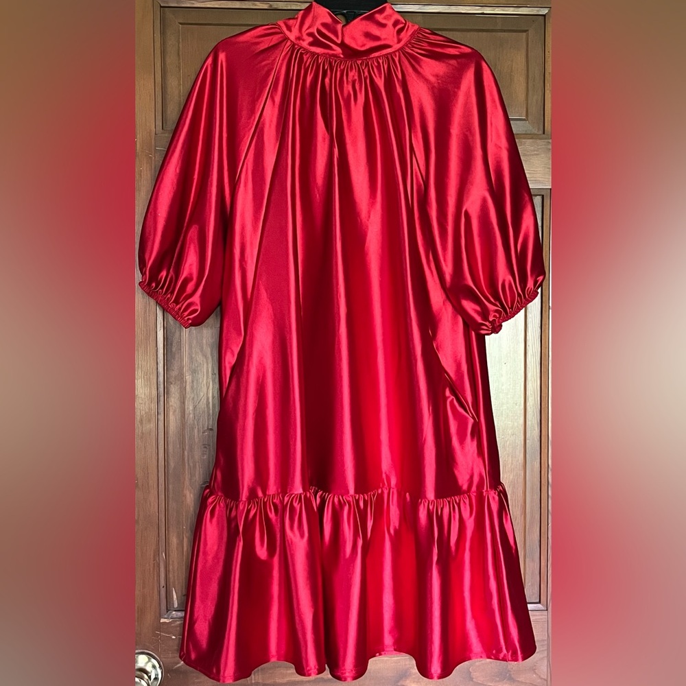 Brand New Small Red Puff Sleeve Dress. Ties at the neck and has Pockets!